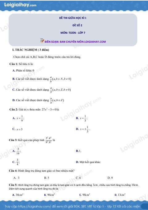 Đề thi giữa kì 1 Toán 7 - Đề số 2